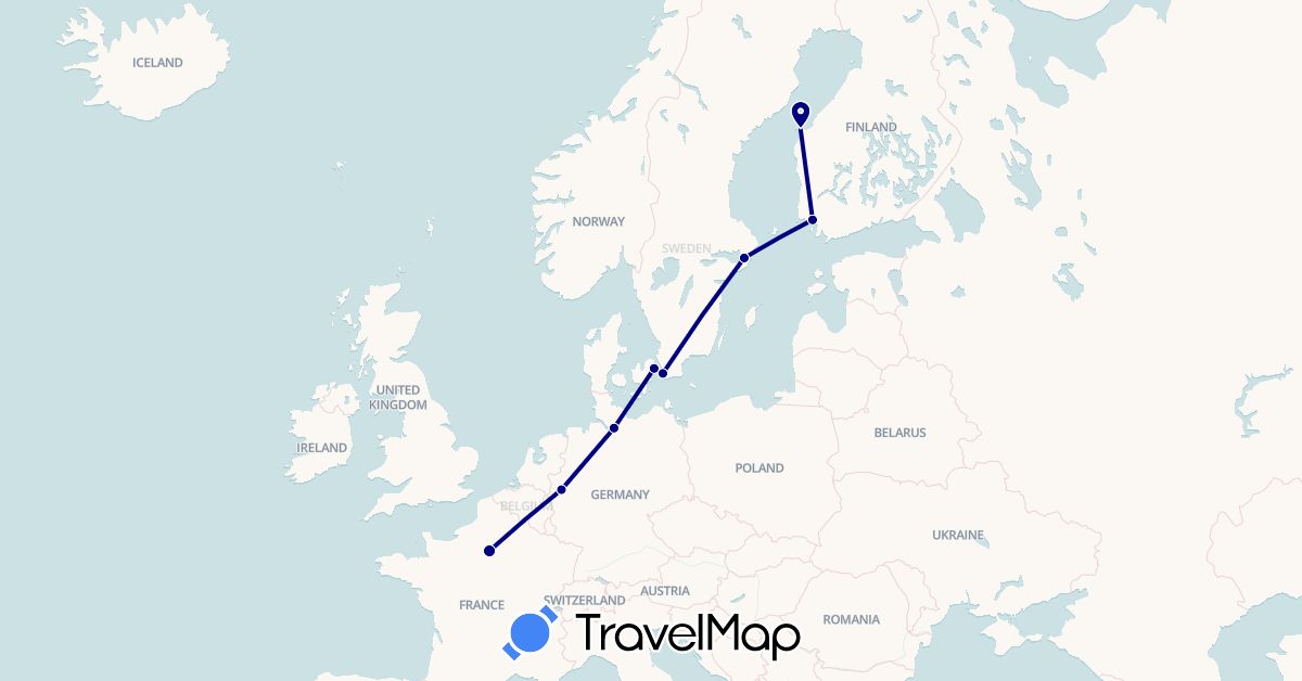 TravelMap itinerary: driving in Germany, Denmark, Finland, France, Sweden (Europe)